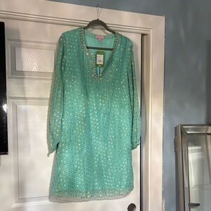 Lilly Pulitzer Silk Aqua Dress with Gold Details